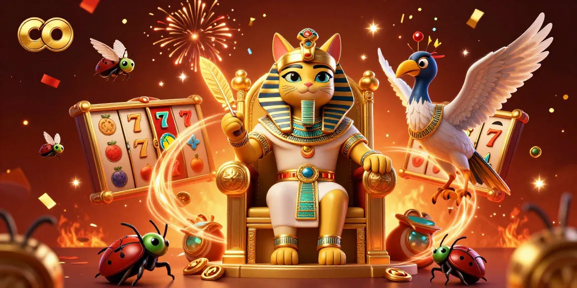 Engage with co at a lively online casino featuring a pharaoh cat and vibrant slot elements.