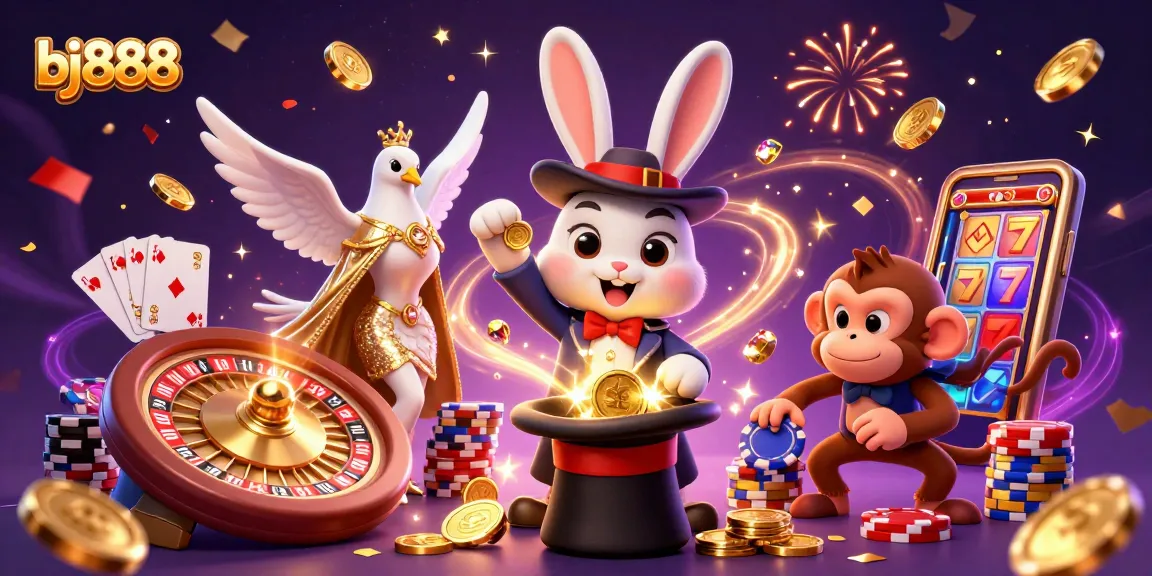 Experience the magic of bj888 with a vibrant casino scene featuring a magician rabbit, dove, and monkey amidst coins and poker chips.