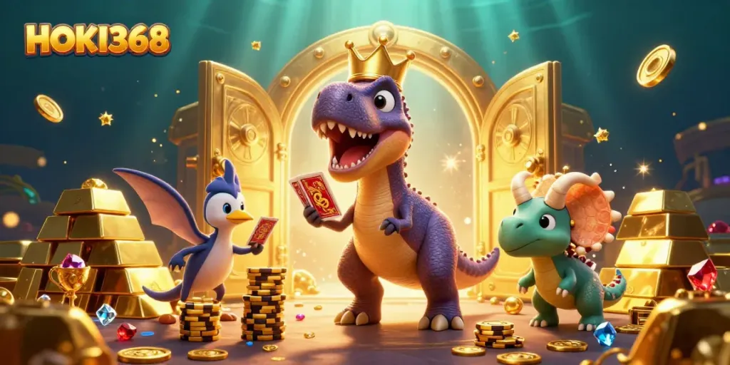 HOKI368 showcases a whimsical scene with dinosaurs embracing casino excitement, featuring vibrant graphics.