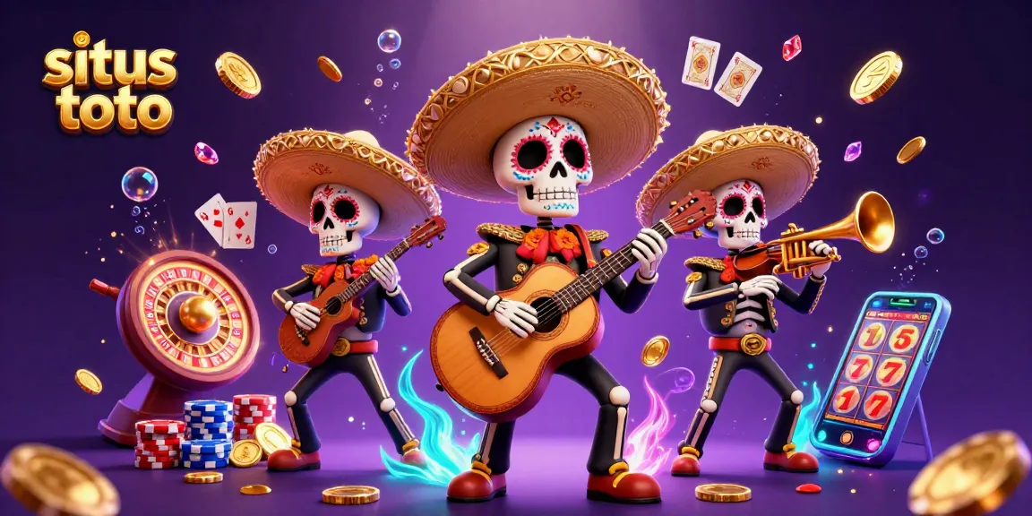 Experience situs toto with vibrant 3D casino illustration featuring mariachi band and gaming elements.