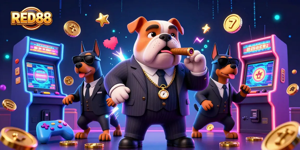Experience excitement at RED88 with a 3D cartoon illustration of a mafia boss and game elements