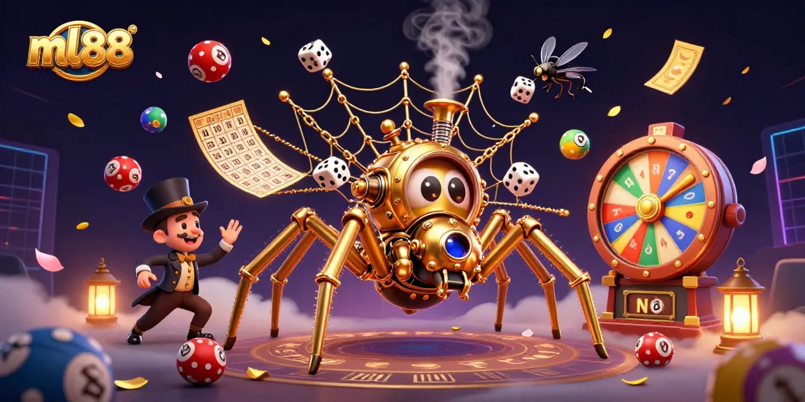 Experience the thrilling world of ml88 with a dynamic 3D illustration featuring a whimsical golden spider and lottery elements.