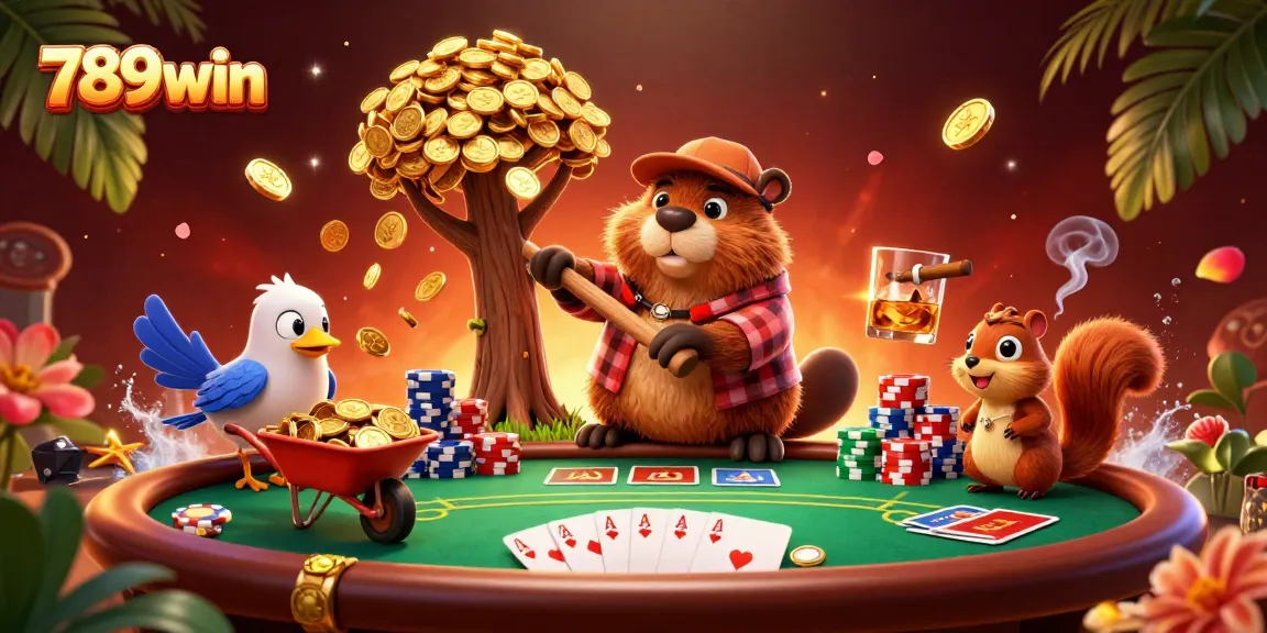 Experience winning at 789win with a lively casino scene depicting a beaver, bird, and squirrel among poker chips.
