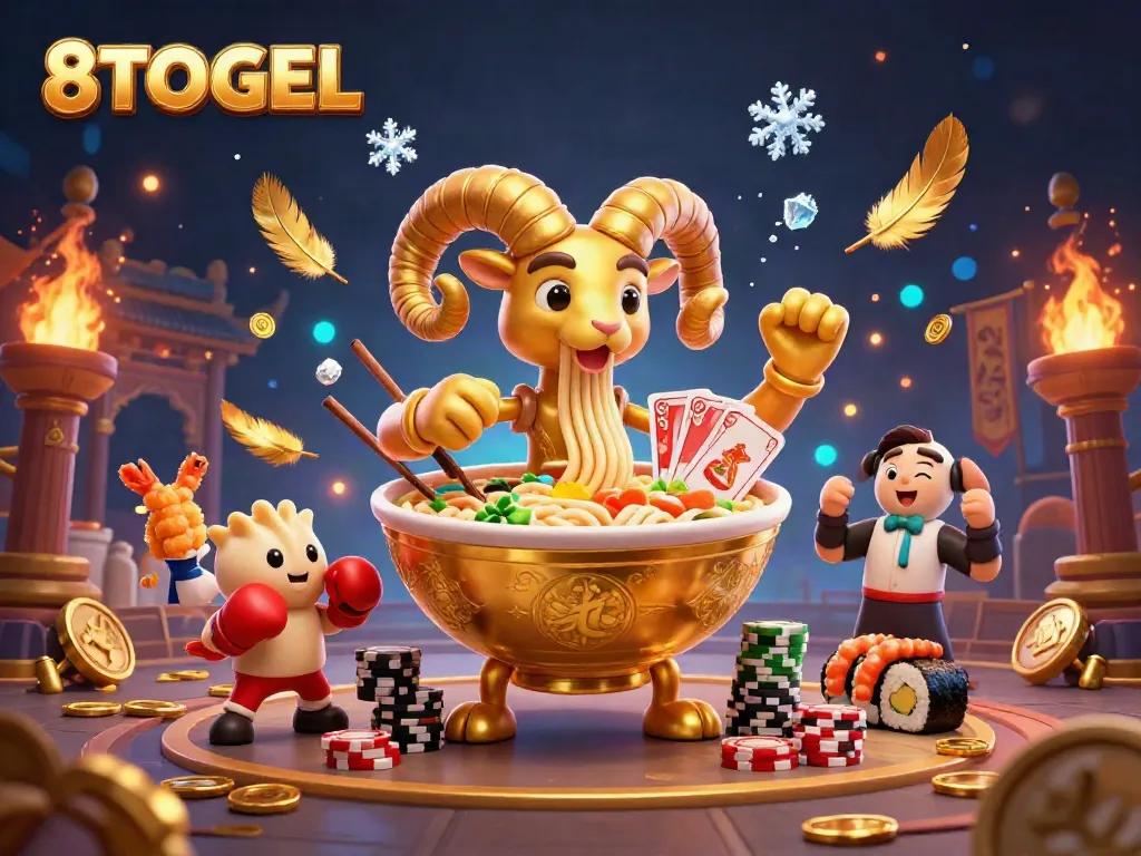 Engage in thrilling gameplay with 8TOGEL at the center of a vibrant casino scene filled with characters and game elements.