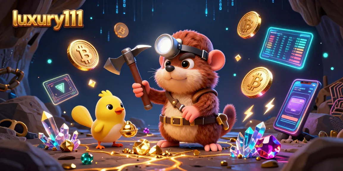 Engage and win with luxury111 in an exciting scene featuring treasure hunting and crypto elements.