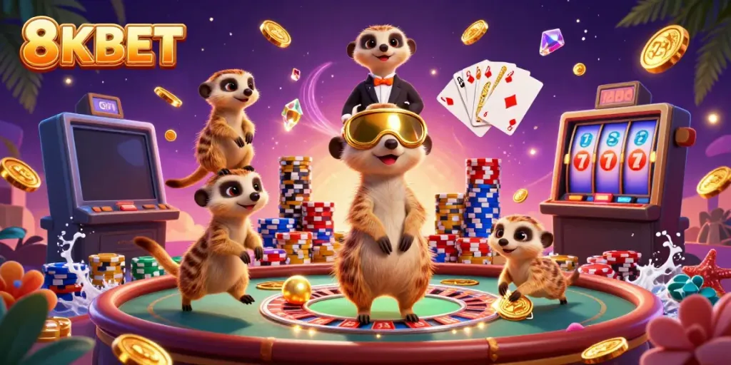 Witness 8KBET meerkats thriving in a vibrant casino, amid cascading coins and shimmering gems.