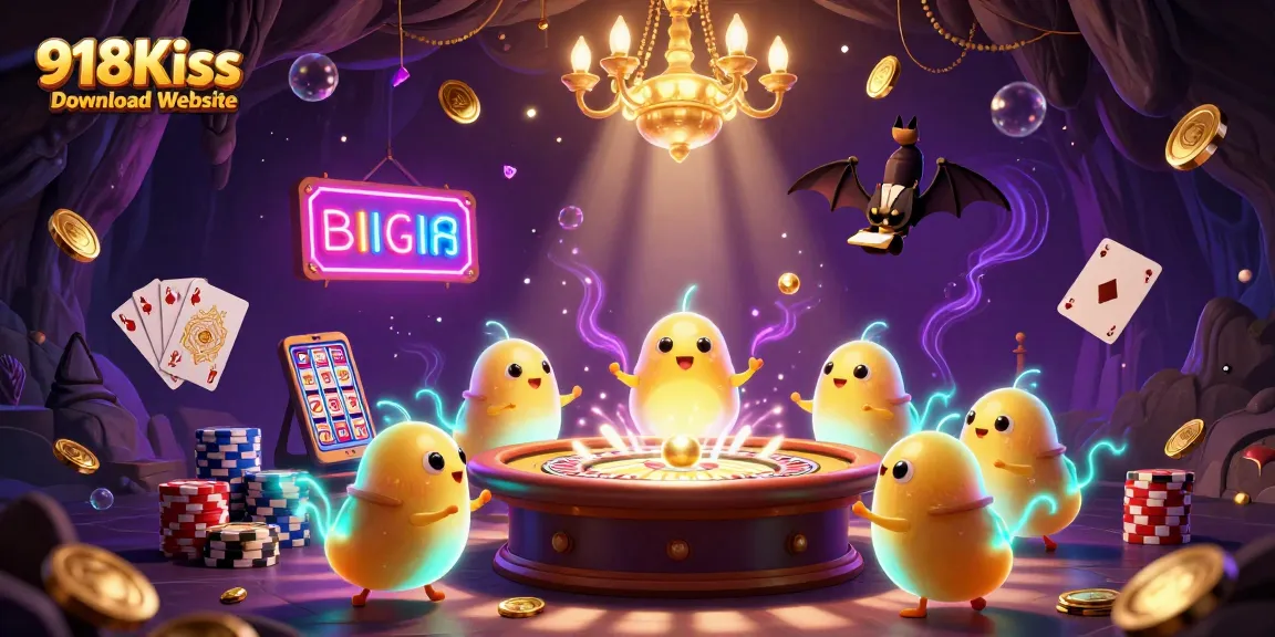 Experience winning with the vibrant 918Kiss Download Website, showcasing glowing characters in a thrilling casino atmosphere.