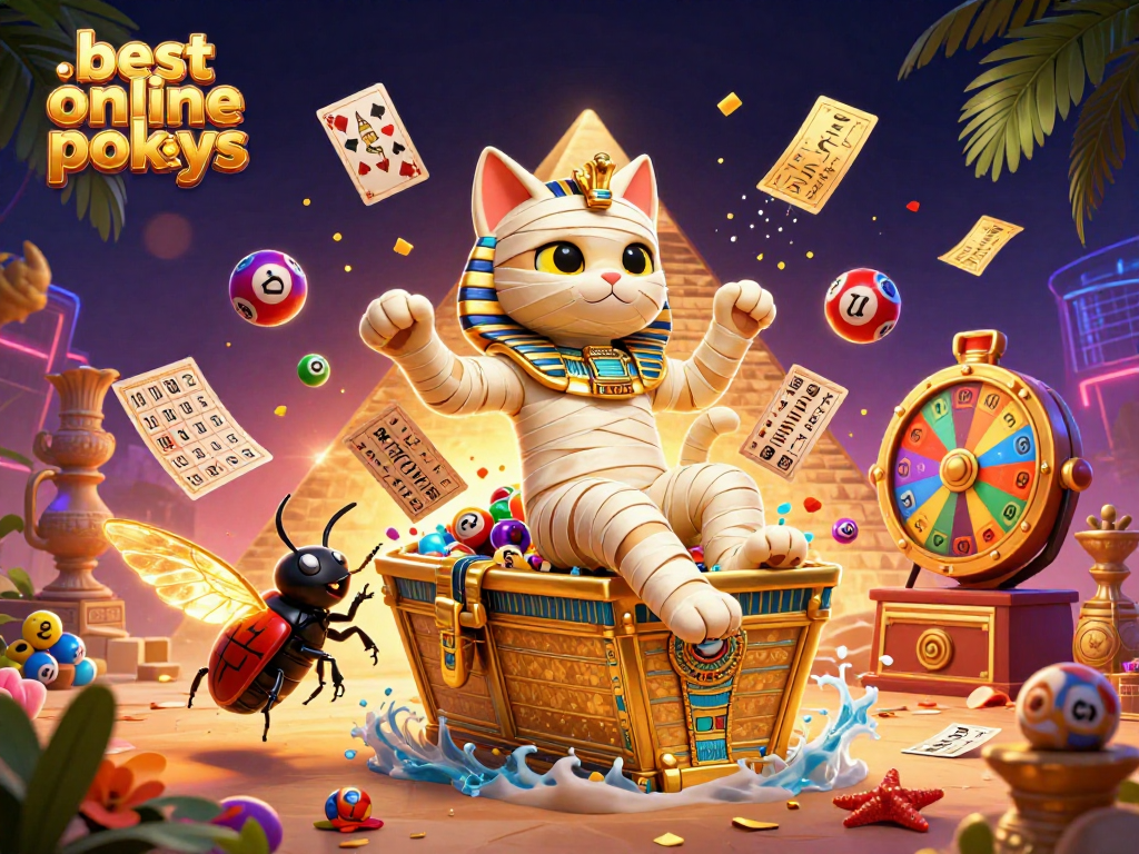 Experience exciting gameplay with the best online pokies in a vibrant casino scene featuring mummies and prizes.