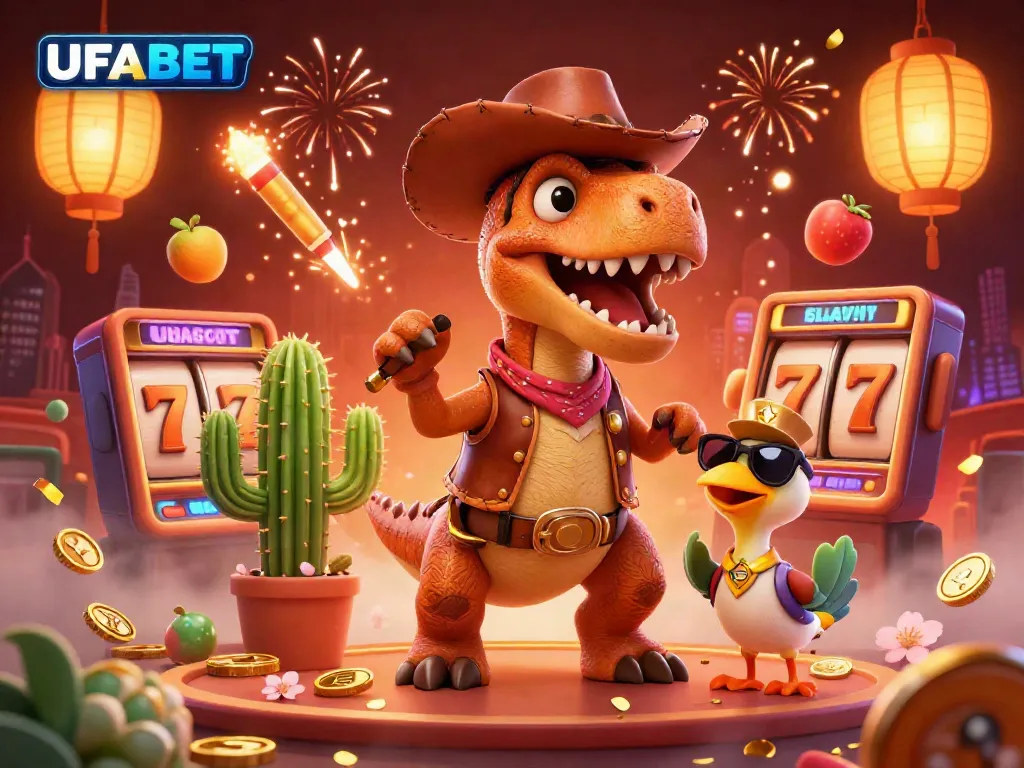Experience thrilling moments with UFABET in a vibrant 3D casino scene featuring a cowboy dinosaur and dynamic slot symbols.