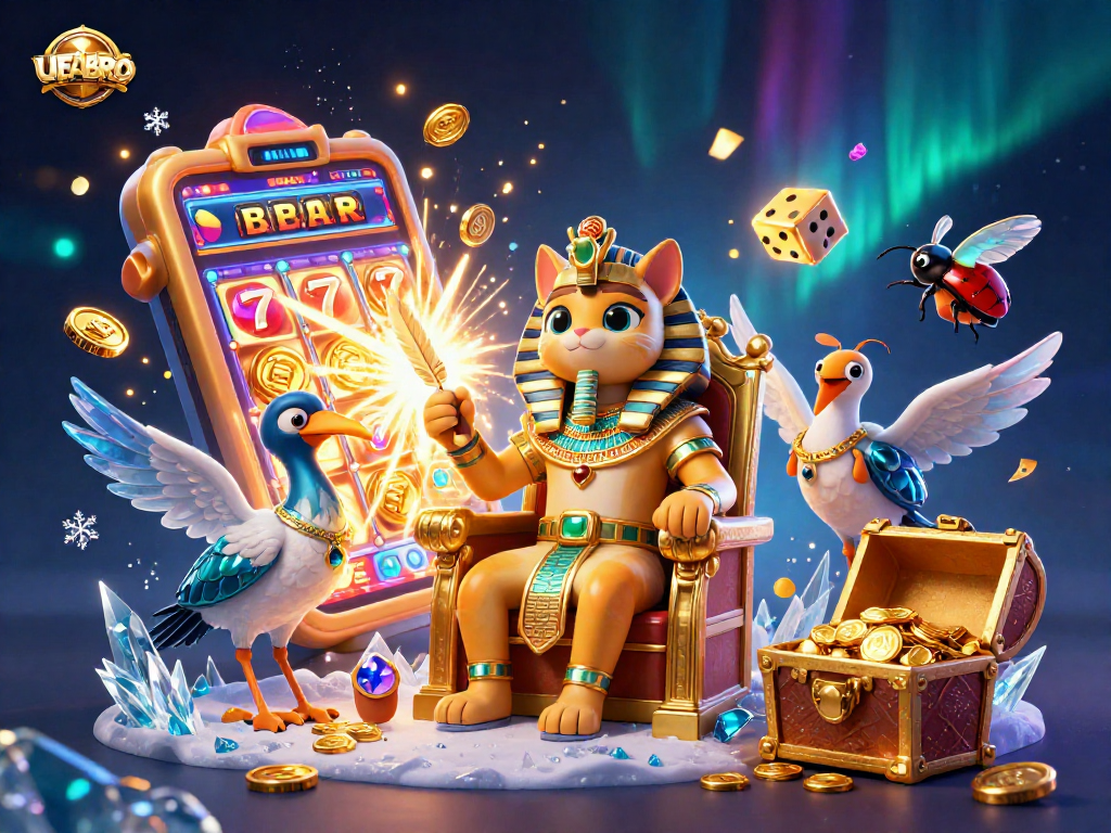 UFABRO offers exciting slot games, with a golden pharaoh cat, jackpot thrills and colorful casino excitement.