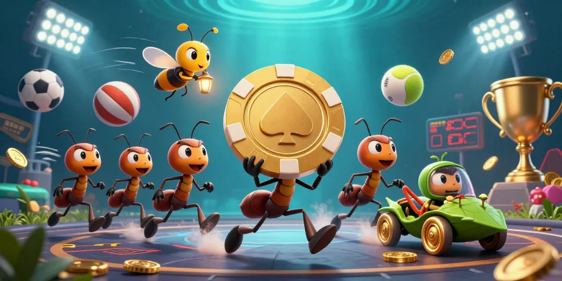 Exciting action at Nhà cái DABET as ants steal a giant poker chip amidst dynamic sports elements.