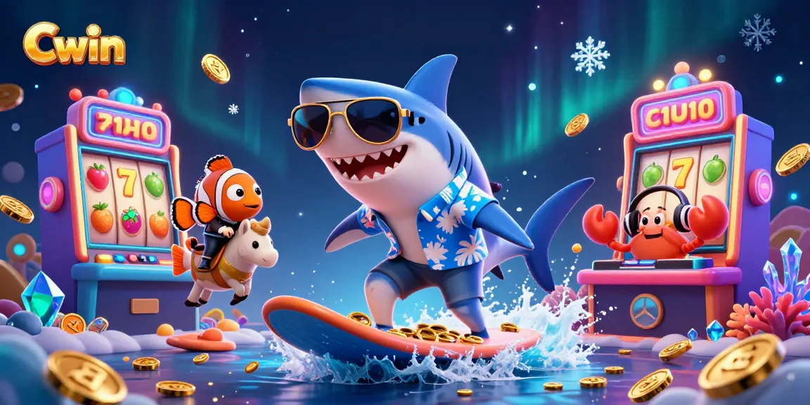 Spin into fun with Cwin's vibrant casino scene featuring a hammer-head shark and golden reels!