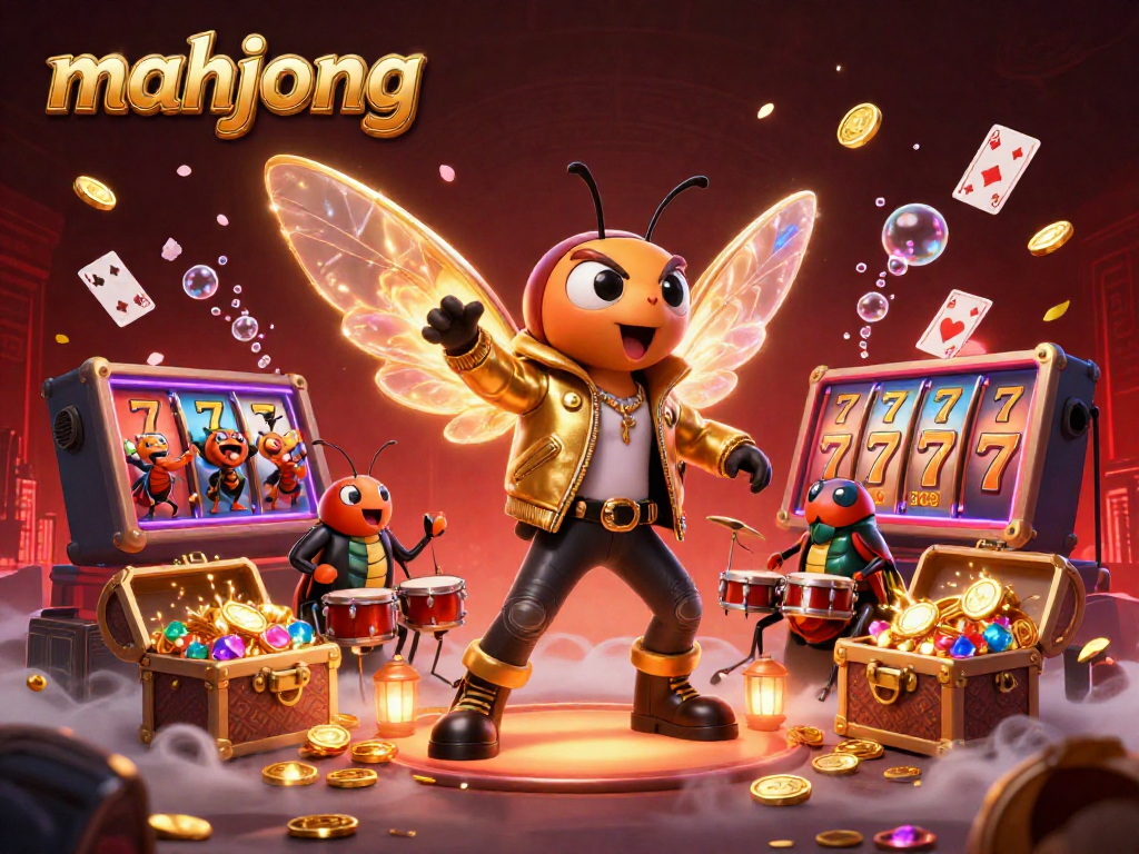 Experience mahjong excitement with a colorful 3D casino scene featuring a cicada rockstar and vibrant slot elements.