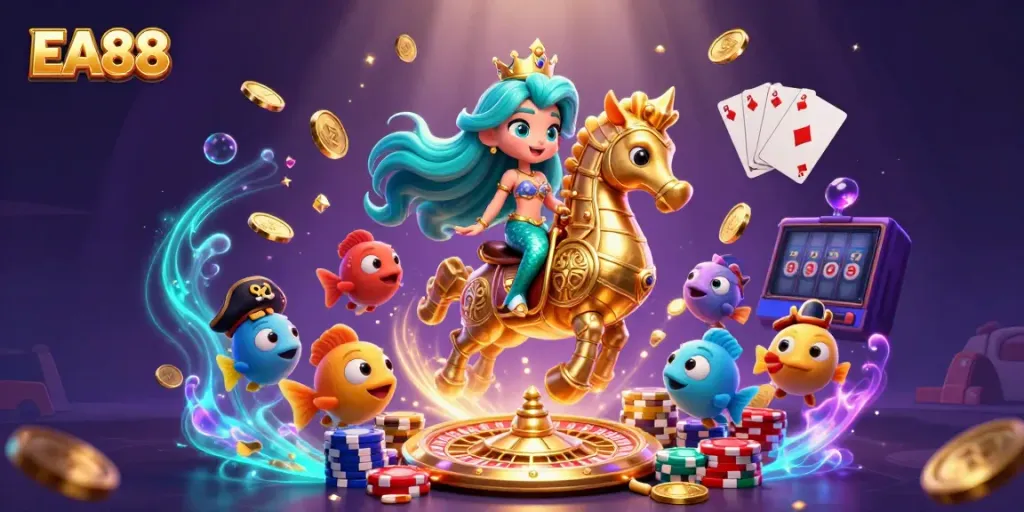 Experience EA88 with a 3D mermaid princess, golden seahorse, and festive casino elements bursting with excitement.