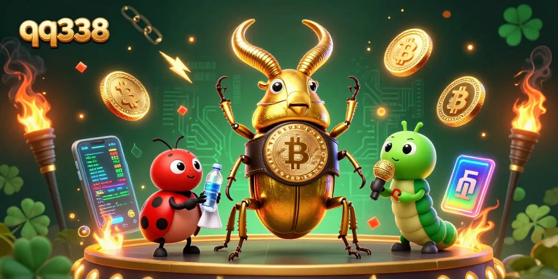 Engage with qq338's thrilling 3D gaming scene featuring a giant golden beetle in a vibrant casino environment.