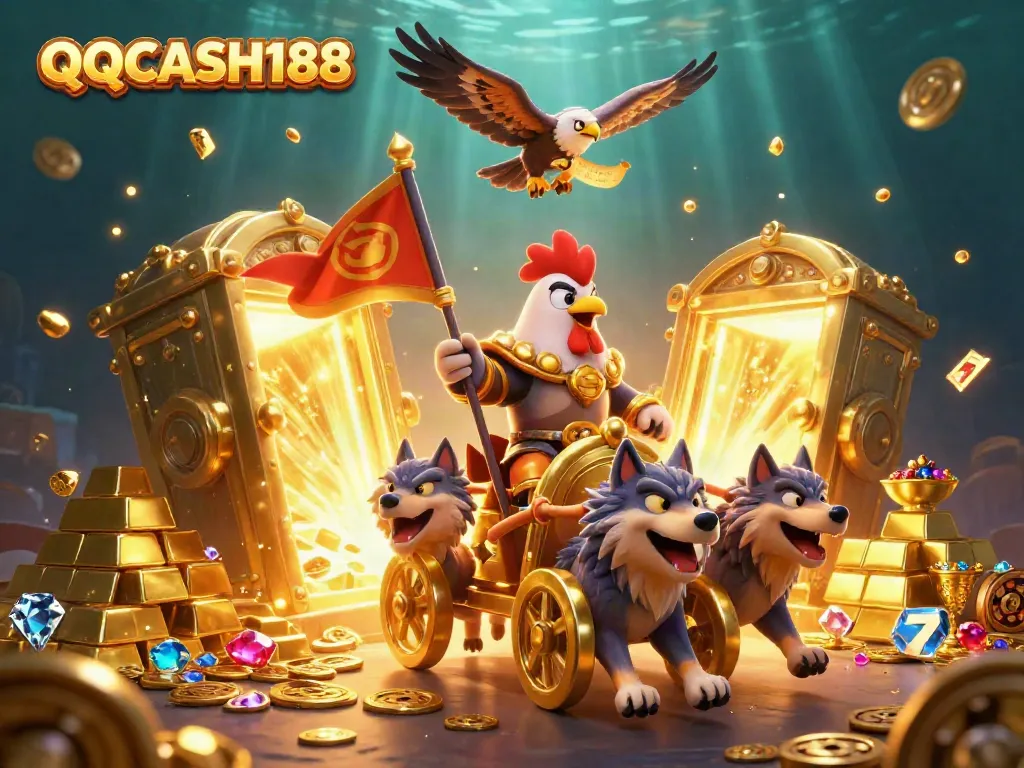Experience QQCASH188's vibrant gaming universe with dynamic characters and rich casino symbols.