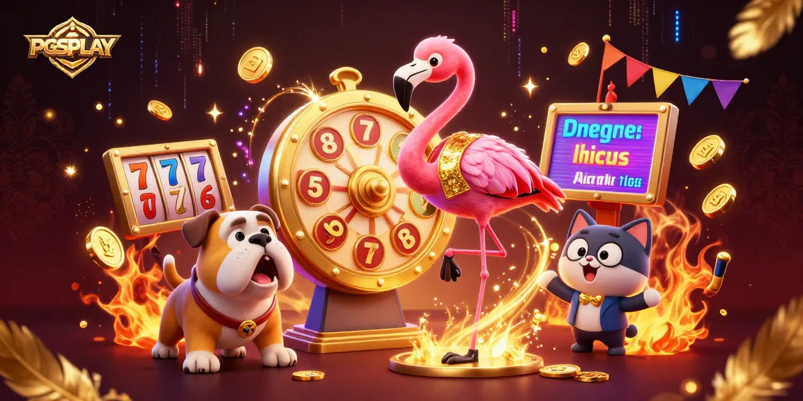 Engage in thrilling slot action with PGSPLAY featuring a flamingo host spinning a prize wheel amidst gold tokens.
