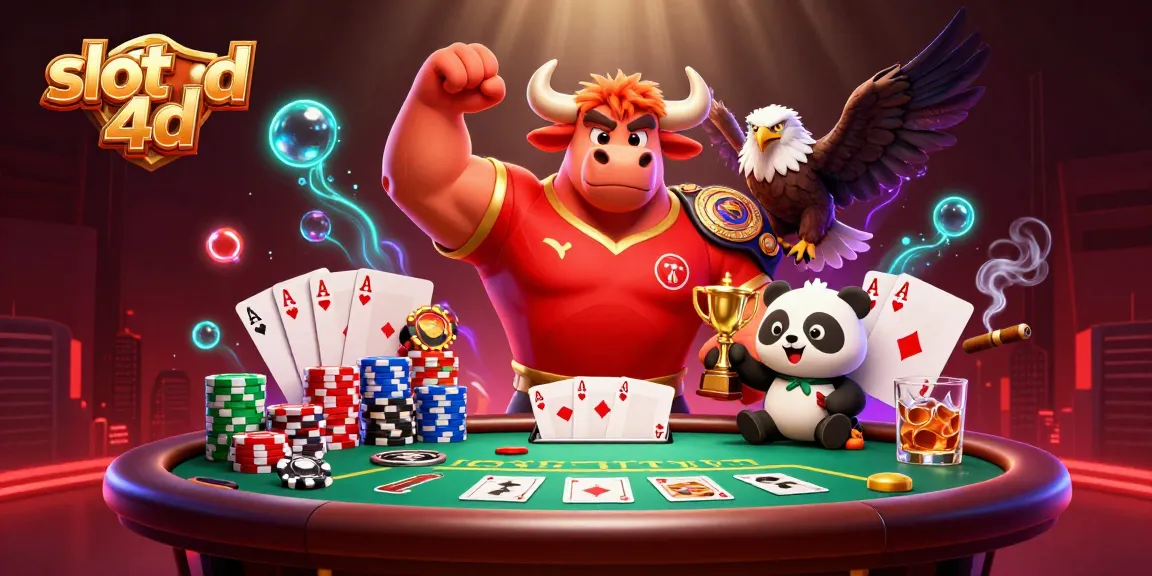 Experience the thrill of slot 4d gaming with an animated scene featuring vibrant characters, poker elements, and dynamic gameplay.