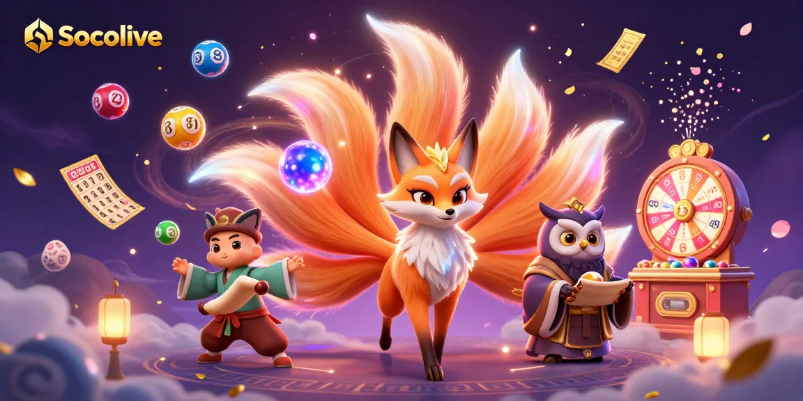 Socolive brings excitement with vibrant lottery elements and a mystical fox spirit in a lively 3D digital illustration.