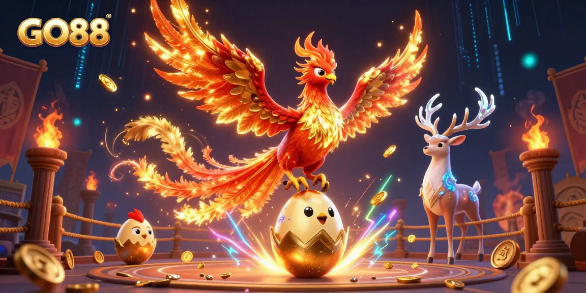 Experience GO88's exciting gambling scene with a fire phoenix, gold coins, and crystal antlers in action.