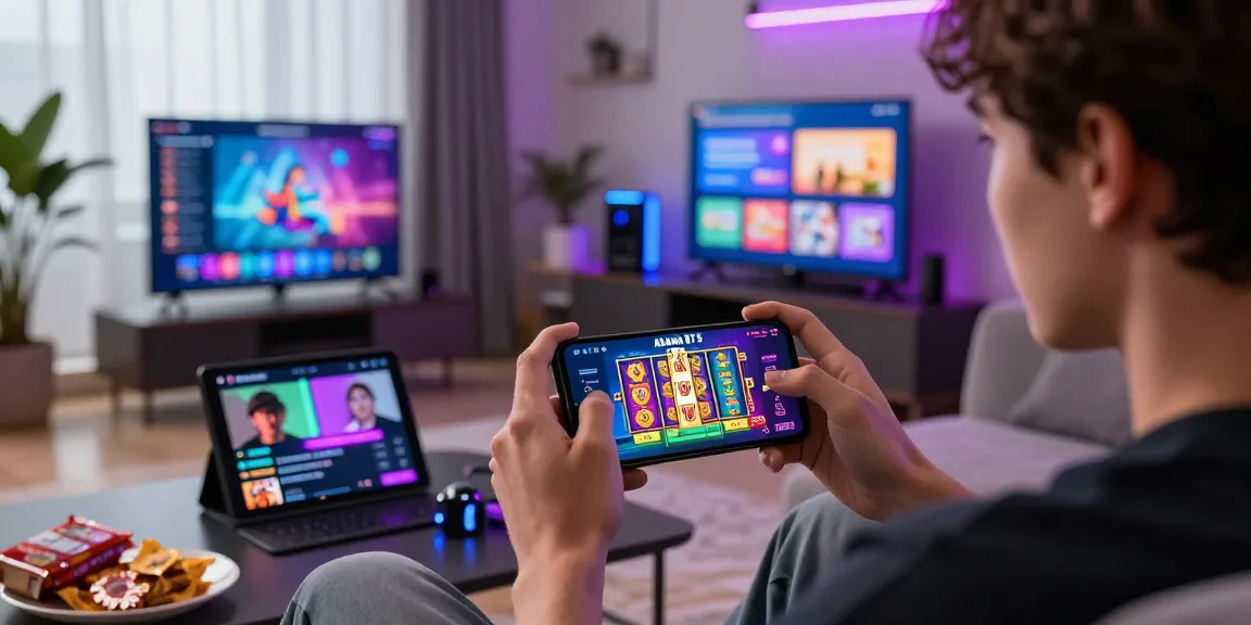 Young adult playing Alano Dt 5 latest apk on smartphone in a vibrant gaming setting
