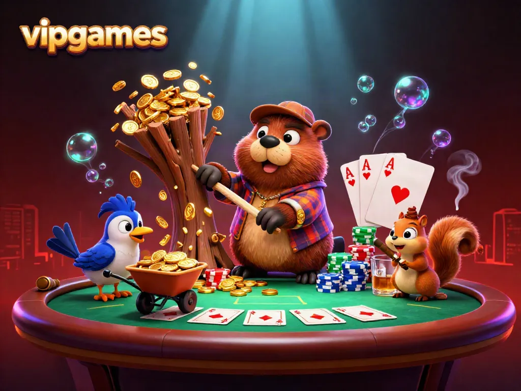 Experience the fun of vipgames as a beaver chops gold coin trees and celebrates at a poker table.