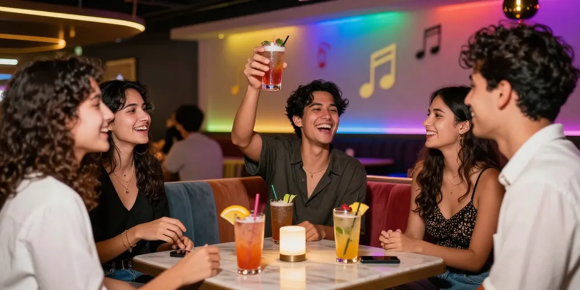 Friends enjoying nightlife at a vibrant bar with rokok88 cocktails, showcasing laughter and urban social culture.