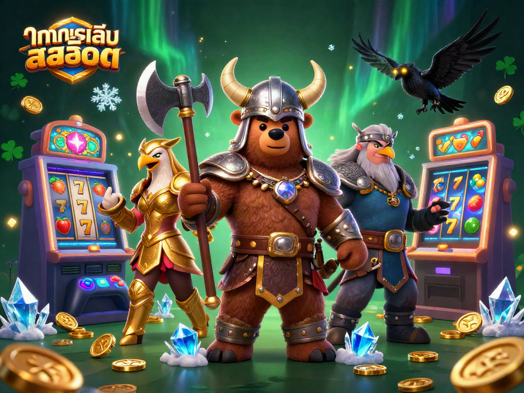 Play ทดลองเล่นสล็อต with an epic Viking bear and Valkyrie eagle in a vibrant 3D casino scene.