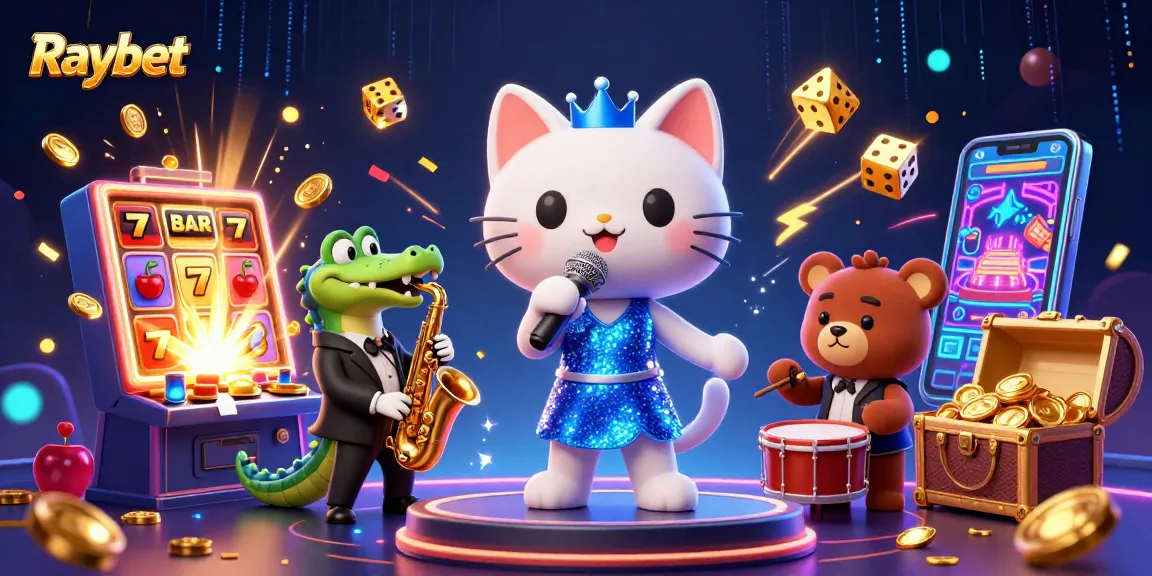 Experience the excitement of Raybet with a vibrant casino scene featuring animated characters and thrilling game visuals.