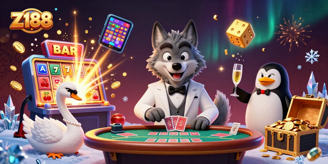 Z188 captures excitement at a baccarat table with a classy wolf, swan, and penguin in a dazzling casino scene.