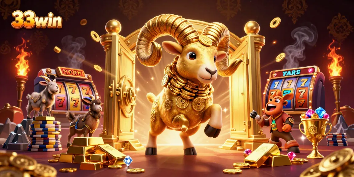 Engage with the vibrant 33win casino scene featuring a gold-charging ram surrounded by treasures.