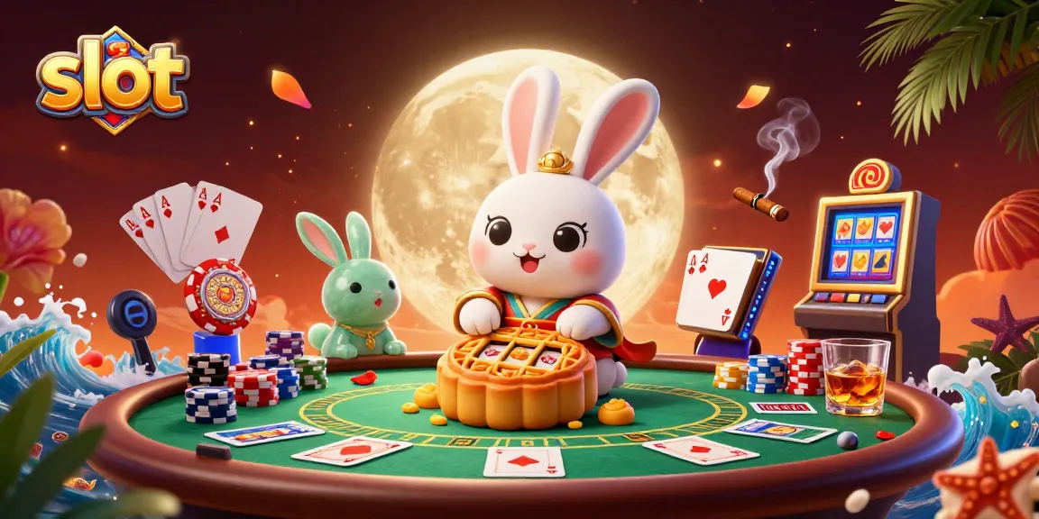 Slot mesin yang dipenuhi simbol keberuntungan dengan karakter kelinci bulan yang menghancurkan kue bulan.