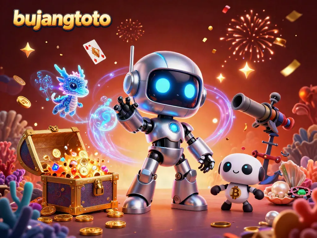 Engage with bujangtoto's vibrant 3D illustration showcasing a cyberpunk robot, AI dragon, and bitcoin drone in an exciting casino treasure scene