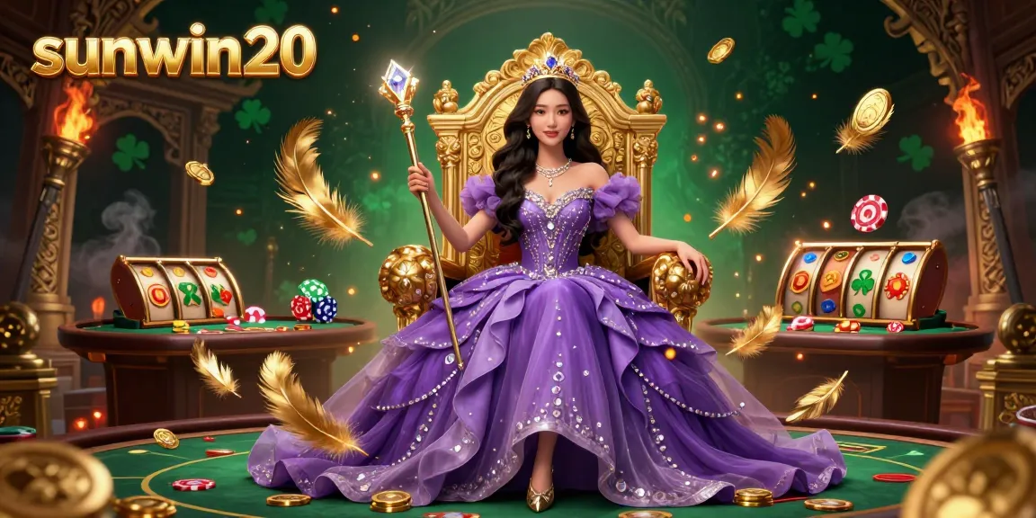 Experience excitement at sunwin20 with a beautiful Asian woman amidst slot reels and golden coins.
