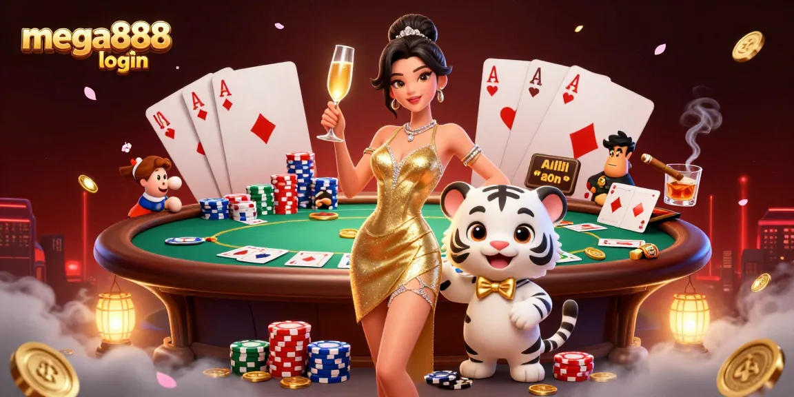 Terlibat dalam mega888 login dengan wanita glamor dan anak harimau bertuah di tengah elemen kasino yang meriah.
