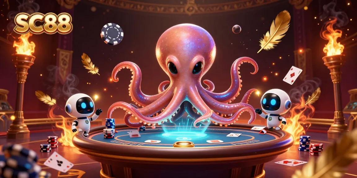 Engage with SC88 through a vibrant poker scene illustrated with an alien octopus and dynamic gaming elements.