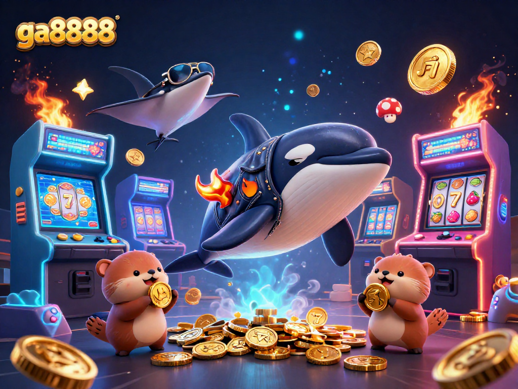 Engaging scene showcasing ga8888 with a dynamic orca, stingray, and playful otters amidst vibrant casino-themed elements.