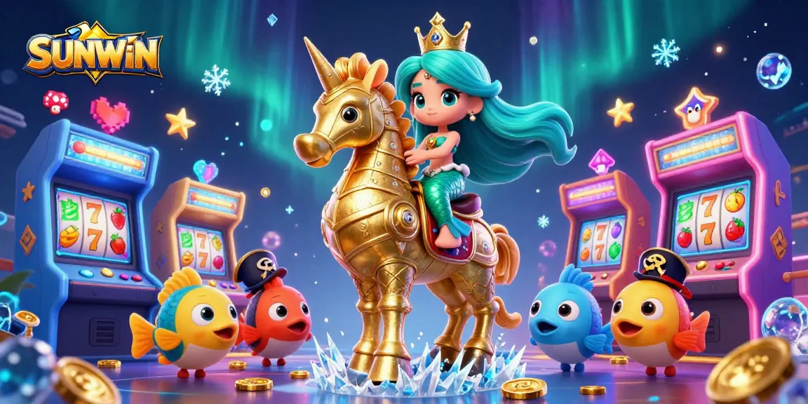 SUNWIN showcases a vibrant casino experience with a dynamic scene featuring a mermaid princess, golden seahorse, and colorful game elements.