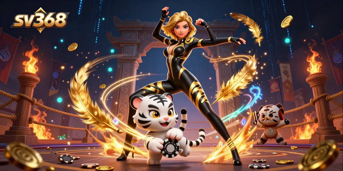 Experience thrilling gaming action at sv368, where a tiger plays with a poker chip amidst a vibrant casino backdrop.