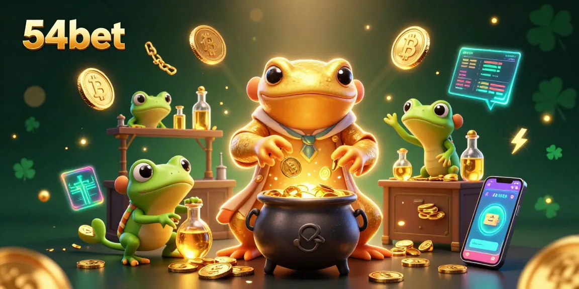 Experience thrilling gaming at 54bet, featuring a golden salamander alchemist and crypto elements.