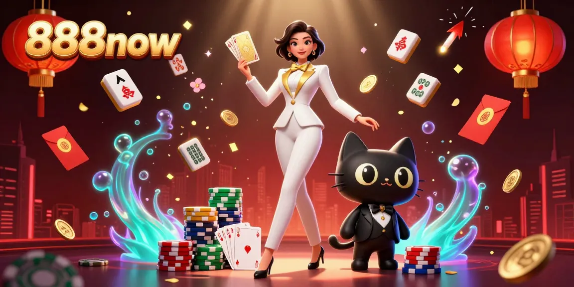 Experience winning with 888now at a vibrant casino scene featuring a glamorous dealer and dynamic elements.