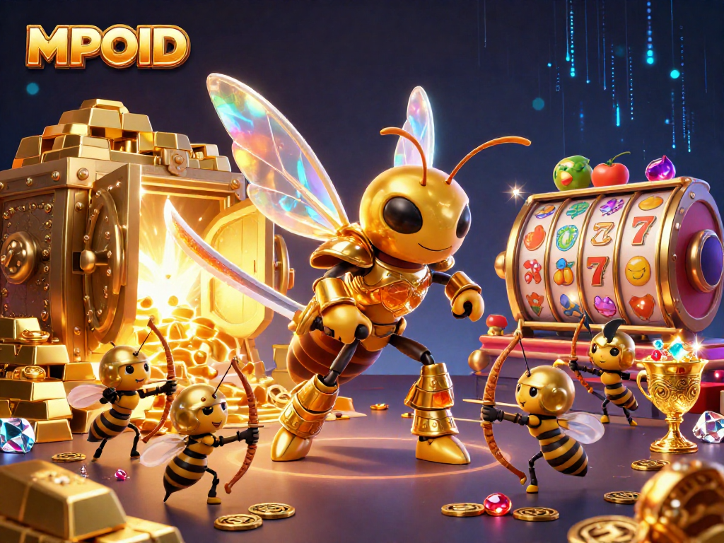 MPOID's vibrant slot scene illustrates winning opportunities with golden treasures and dynamic characters.