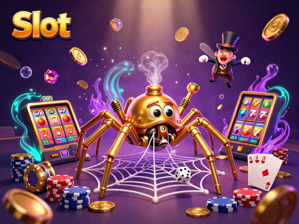 Engage with Slot game action featuring a steampunk spider and Victorian fly in a vibrant casino scene.