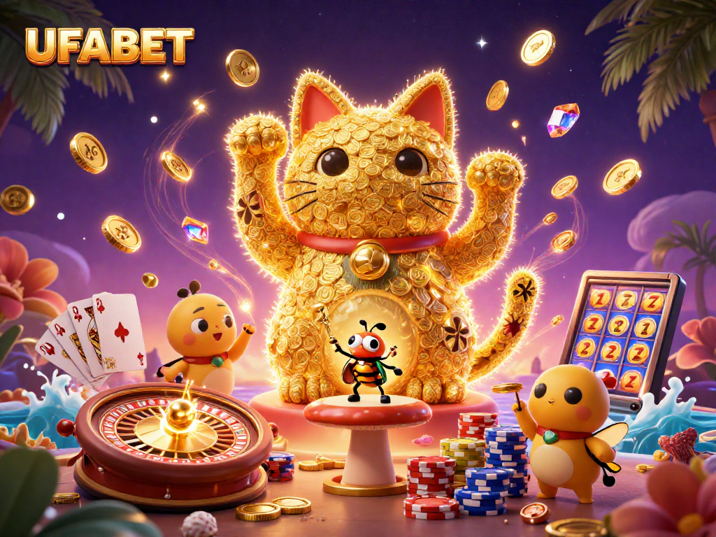 UFABET ตื่นเต้นกับภาพการ์ตูน 3D ของแมวโชคดีที่มีการเคลื่อนไหวและสัญลักษณ์คาสิโนต่างๆ
