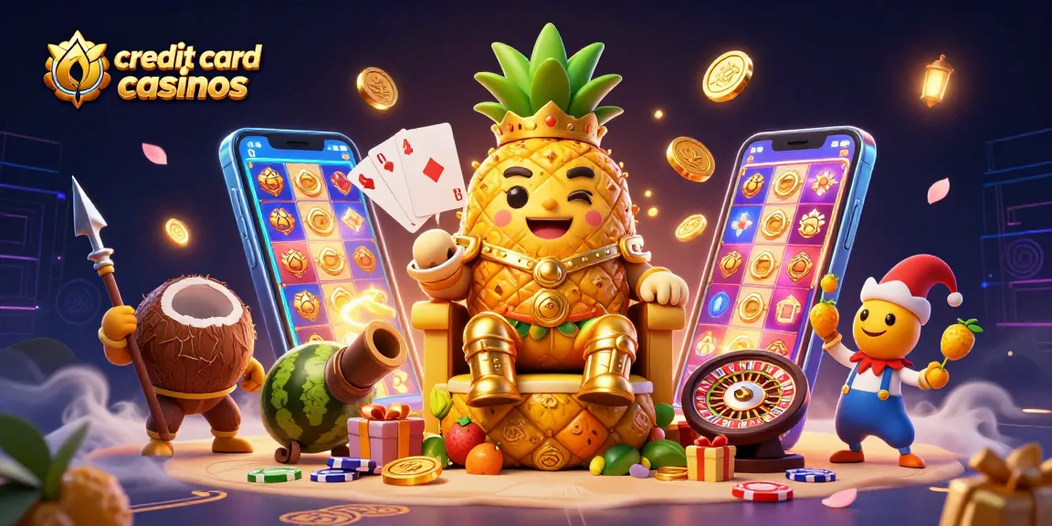 Engage with credit card casinos through a vibrant, colorful casino scene featuring a pineapple king and interactive game elements.