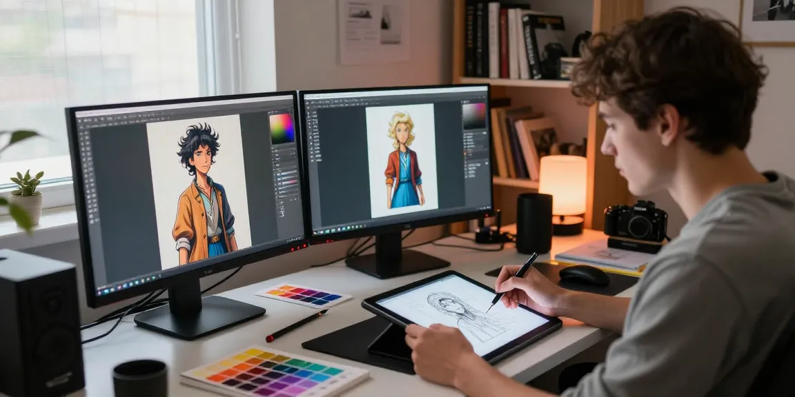 Creating NSFW AI art in a vibrant studio with digital tools and materials
