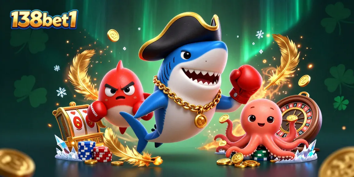 Engage with thrilling adventures at 138bet1 featuring a pirate shark, pufferfish, and octopus in a packed casino scene.