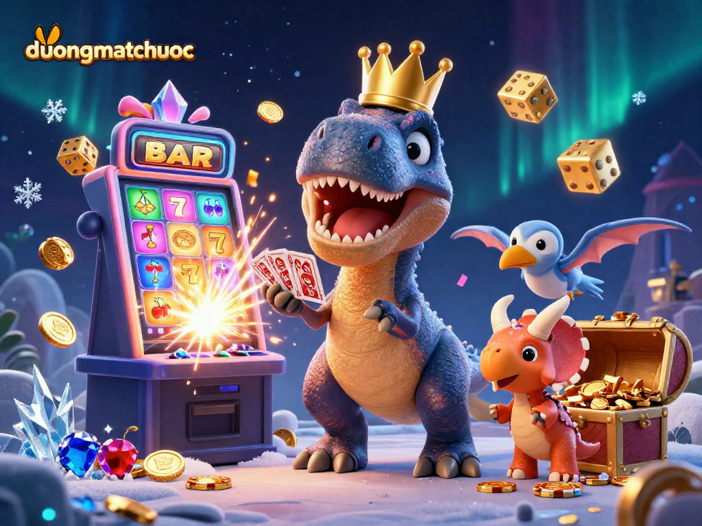 Experience duongmatchuoc through a colorful, dynamic casino scene featuring dinosaurs and slot machines.