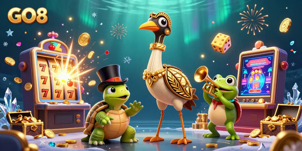 Win big at GO8 with this vibrant 3D illustration showcasing animated characters and jackpot elements.
