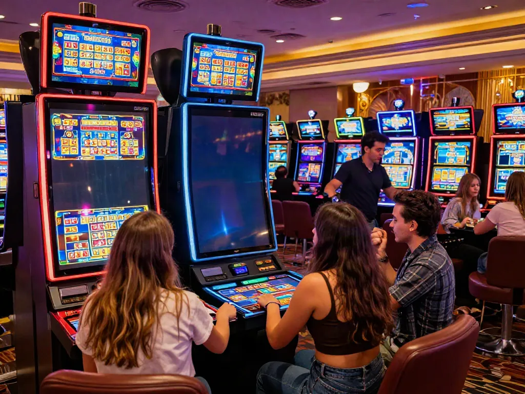 Excited friends enjoying Slot MAHJONGJP88 in a vibrant casino setting.